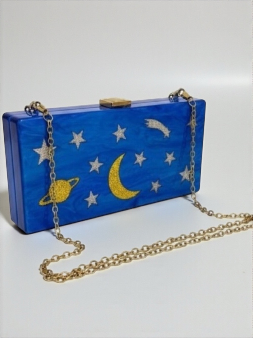 Celestial Blue Acrylic Clutch | Moon & Stars Box Bag Gold Chain NWT
